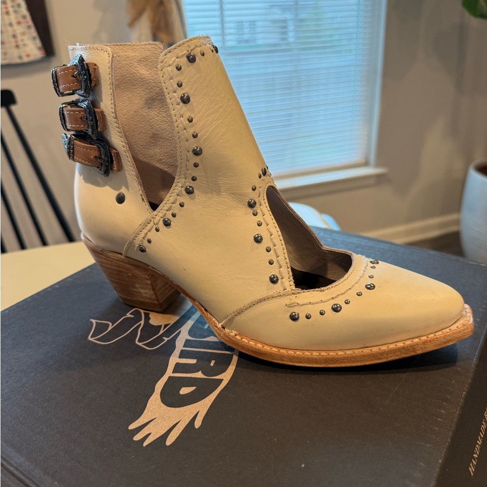 Freebird by Steven Cream Leather Cutout Studded Ankle Boots